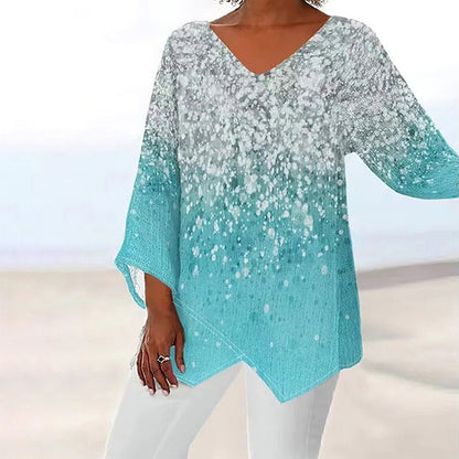 T-shirt Casual Loose And Irregular Printed Long Sleeve V-neck Top