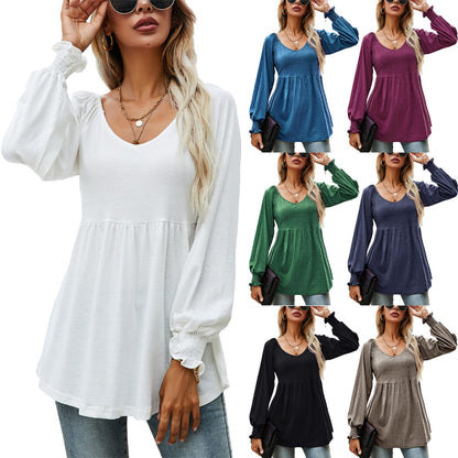 Women's New V-neck Puff Long-sleeved Tunic T-shirt