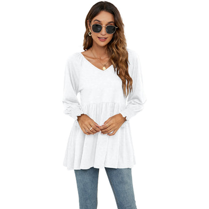 Women's New V-neck Puff Long-sleeved Tunic T-shirt
