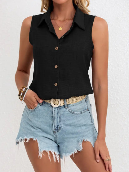 Solid Color Single-breasted Lapel Shirt Cotton And Linen Sleeveless Loose Top